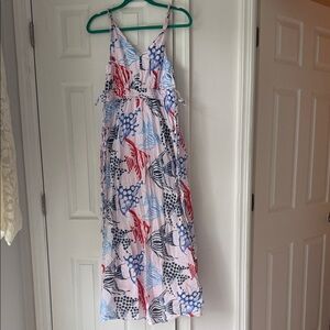 LOFT White Maxi Dress with Blue and Red Floral Print